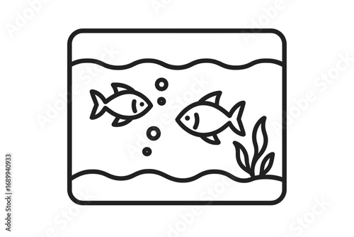 Aquarium line icon with two fish. Simple vector illustration for web design and apps. Fish tank symbol. Pet shop logo concept. Underwater life with bubbles and seaweed.