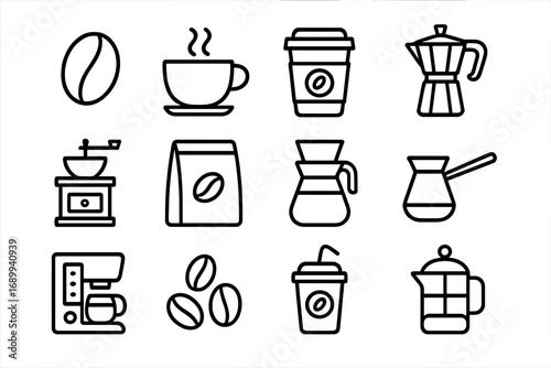 Coffee line icon set. Vector graphic symbols for coffee shop, cafe menu. Bean, cup, grinder, moka pot, french press, pour over, espresso machine outline illustrations. Drink.
