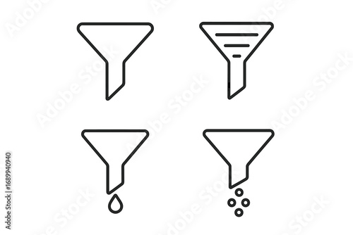 Filter funnel line icon set. Data sorting, analysis and information filtering concept. Sales funnel, conversion, lead generation pictogram. Vector outline symbols for web app UI.