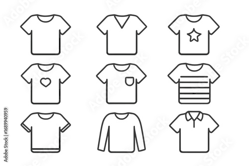 T-shirt and clothing line icon set. Collection of various shirt styles like polo, v-neck, and long sleeve. Vector apparel symbols for web, apps, and graphic design. Editable stroke.