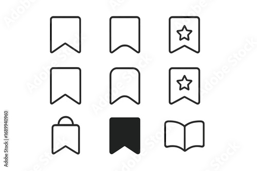 Minimalist bookmark line icon set. Collection of vector linear bookmark, favorites, reading symbols. Outline pictograms for web design, apps, banners, social media, card interfaces, digital library