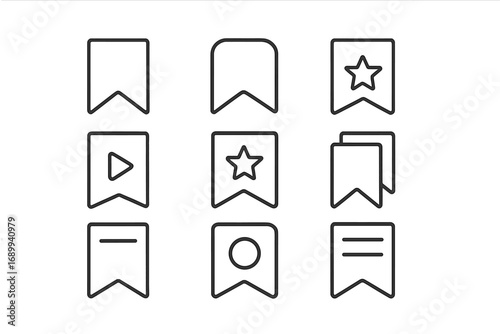 Minimalistic Bookmark Line Icon Set for Web and App Design, Social Media, Banner, Card UI, Star Favorite, Play, List, Collection, Vector Outline Pictogram for Graphic Resource Use