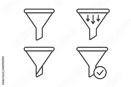 Filter and funnel thin line icon set for data sorting and analysis. Vector line art symbols for web design, UI and UX. Concepts of data filtering, selection, processing, and conversion.