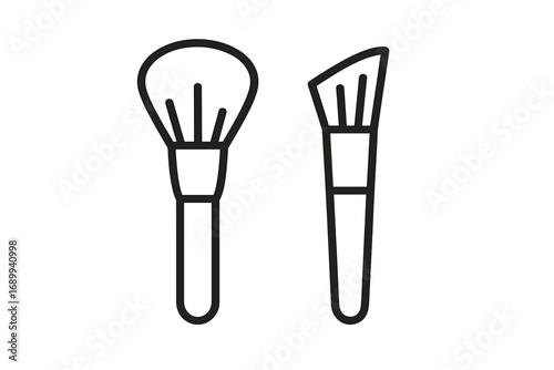 Makeup brush set vector icon. Cosmetic powder and contour brush line art. Beauty salon accessory for foundation, blush, eyeshadow. Glamour makeup artist tool illustration.