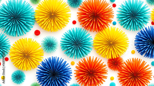 Decorative party pom poms seamless repeat vector pattern. Teal, blue, yellow, and red pom poms on white background. Great for birthday, cards, invitations, packaging, digital paper, celebration, kids