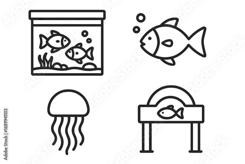 Aquarium line icon set. Fish, jellyfish, fishtank, and oceanarium entrance sign. Marine life outline symbols for pet shop or zoo. Vector underwater sea animal collection.
