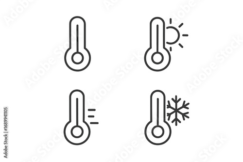 Thermometer line icon set. Weather forecast concept. Temperature measurement symbol. Hot sun for heat and cold snowflake for freeze. Climate pictogram. Minimal vector for web, app.