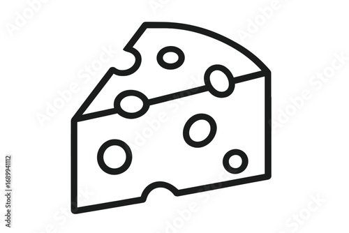 Cheese outline vector icon. Swiss cheese wedge slice with holes. Dairy food product. Line art symbol. Graphic element for design. Isolated illustration for menu, logo, web, app.