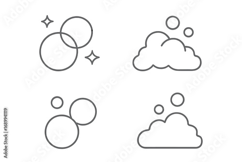 Soap bubble and foam line icon set. Minimalistic pictograms for cleaning and washing concepts. Vector illustration of suds, lather, and fizzy drink sparkles. Hygiene symbols.