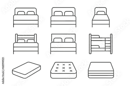 Bed and mattress line icon set. Bedroom furniture vector symbols. Sleep, relax concept. Single, double, bunk bed, orthopedic mattress. Editable stroke. Outline pictogram.