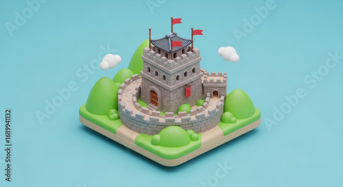 Cartoon great wall of china illustration, chinese architecture, landmark, travel and tourism concept art