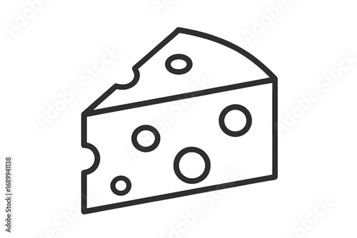 Cheese wedge outline icon. Vector line art illustration of a swiss cheese slice. Dairy food symbol for graphic design, web, apps, and logo. Isolated cartoon drawing of a snack.