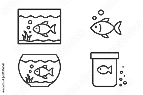 Aquarium simple linear icon set. Vector collection of fish in tank and bowl, fish food, and aquatic elements. Outline cartoon illustration with editable stroke. Pet shop concept.