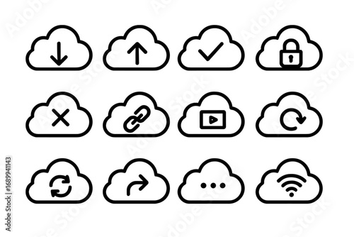 Cloud computing and data storage line icon set. Simple vector icons for web services: download, upload, security lock, sync, transfer, link, video, wifi. Editable stroke.