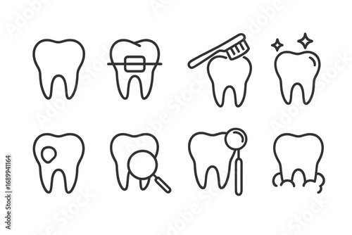 Tooth line icon collection. Set of linear pictograms for dentistry, stomatology, and dental care. Includes braces, cleaning, caries, checkup, brushing, plaque, and oral hygiene.
