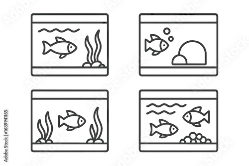 Aquarium outline icon set. Simple linear vector illustration of fish in a fishbowl. Fish tank concept for pet shop, aquatic life, underwater world. Editable stroke icons.