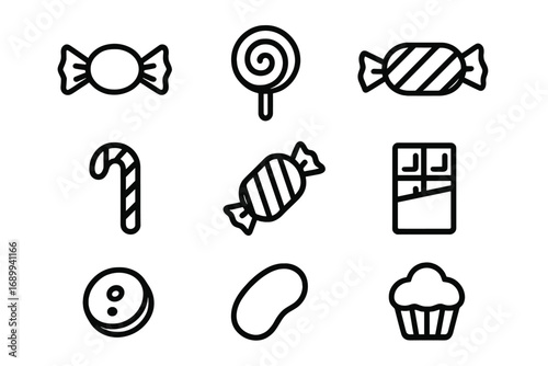 Sweets and candy simple outline icon set. Collection of dessert food graphics. Lollipop, chocolate, cupcake, candy cane, bonbon, jelly bean symbols. Vector line illustration.