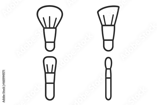 Makeup brush set vector icon collection. Cosmetic tool kit outline illustration. Powder, foundation, blush, eyeshadow brushes. Beauty, glamour accessory for salon, make up artist.
