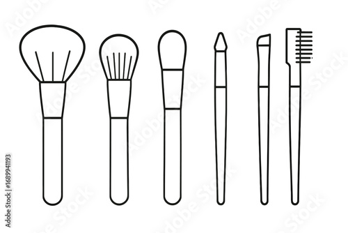 Makeup brush set vector icon collection. Cosmetic brushes for powder, foundation, eyeshadow, eyebrow. Outline linear illustration for beauty, glamour, salon, graphic design.