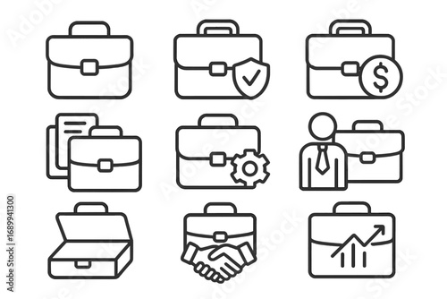 Business briefcase thin line icons set. Editable stroke vector illustration for finance, management, office documents, startup, partnership, career, growth, negotiation, transaction, web, app, print