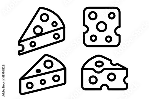 Cheese outline icon set. Vector line art illustration of swiss cheese wedge and block. Dairy food symbol for graphic design, web, apps, ads. Snack and appetizer concept.