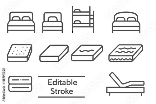 Bed and mattress thin line icon set. Editable stroke vector pictograms. Furniture for sleep, bedroom and rest. Double, single, bunk bed, orthopedic mattress symbols. Hotel.