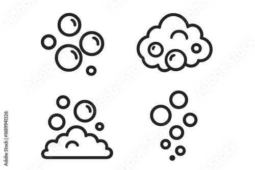 Bubble and foam line icon set. Soap suds, lather, shampoo, and cleaning pictograms. Fizzy water and effervescent drink symbols. Vector illustration for web and print.