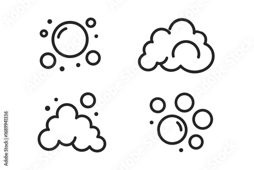 Bubble and foam vector icon set. Soap suds pictogram. Water effervescent fizz. Clean wash concept. Fizzy drink, soda, beer bubbles. Line art graphic element for design.
