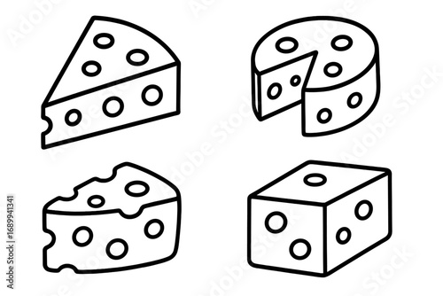 Cheese outline icon set. Vector collection of cheese wheel, wedge, slice and block. Swiss, cheddar, parmesan line art. Dairy food symbol for graphic design, logo, menu, web.