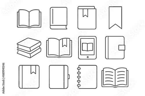 Book line icon set. Diary, bookmark, e-reader outline pictograms. Vector symbols for education, library, reading concepts. Notebook, textbook linear signs for web, UI, UX.