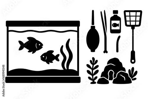 Aquarium maintenance silhouette set. Fish tank care tools and equipment. Vector icon collection with fish, plants, net, siphon, and decor. Pet shop supplies illustration.