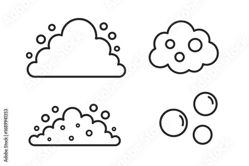 Bubble and foam outline icon set. Vector cartoon illustration for soap, suds, and washing concepts. Simple line art symbols for cleaning, bath, and fizzy drinks.