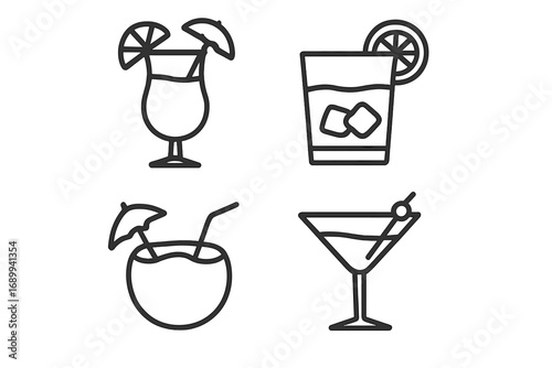 Beach cocktail line icon collection. Tropical summer drinks vector set. Editable stroke symbols for bar menu, party flyer. Coconut, martini, juice outline illustrations.