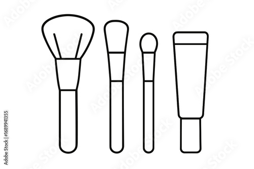 Cosmetic makeup brush set with cream tube. Vector line icon collection. Beauty salon tool kit for powder, foundation, eyeshadow. Professional visagist accessories symbols.