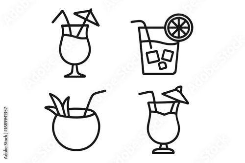 Beach cocktail line icon collection. Tropical summer drinks vector set. Outline icons for bar menu, party invitation. Editable stroke. Pina colada, mojito, coconut drink.