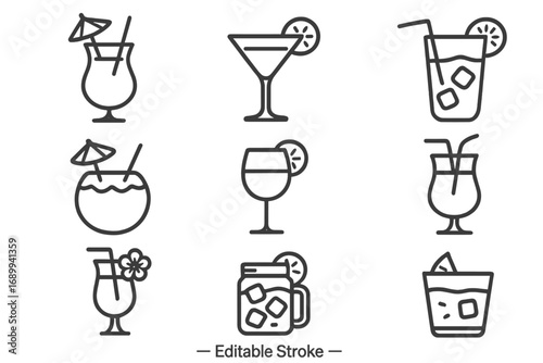 Summer cocktail drinks outline icon set. Vector linear signs for beach party bar menu. Tropical alcohol, mojito, margarita, juice glass symbols. Editable stroke collection.