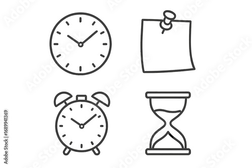 Set of time management icons. Thin line vector symbols. Clock, alarm, reminder sticky note and hourglass. Concept of deadline, schedule, planning, time, watch, timer, sandglass.
