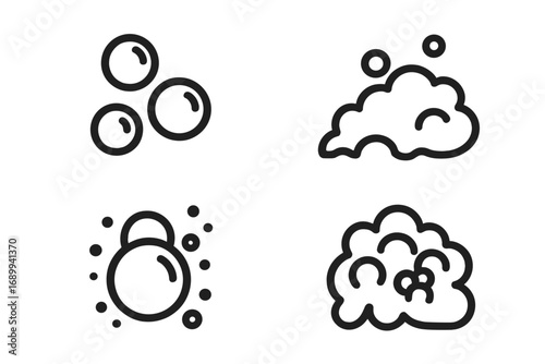 Bubble and foam vector icon set. Soap suds, lather, and fizzy pop symbols. Pictogram collection for cleaning, washing, and carbonated drinks. Effervescent water illustration.