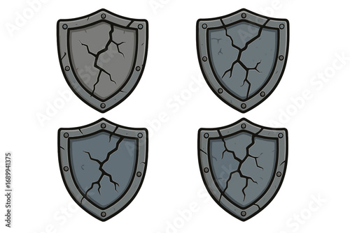Cracked shield vector icon set. Broken stone defense symbol collection. Concept of vulnerability, risk, and lost protection. Damaged medieval security emblem cartoon illustration.