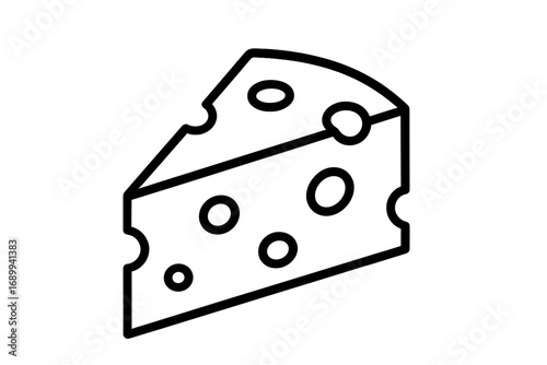 Cheese wedge outline icon. Vector line art of a Swiss cheese slice. Food symbol for graphic and web design. Dairy product illustration for apps, adverts, and cards. Gourmet food.