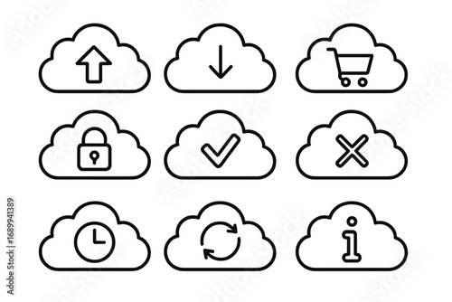 Cloud computing outline icon set. Vector symbols for data storage, web service & security. Icons for upload, download, sync, online store, success & error. Editable stroke.
