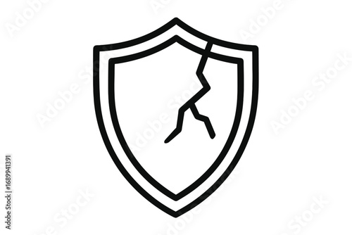 Cracked shield line icon. Concept of vulnerability, insecurity, data breach, or failed protection. Vector symbol for cyber attack, risk, and danger. Broken defense sign.