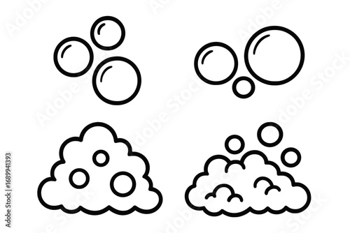 Bubble and foam icon set. Soap suds and fizzy pop bubbles vector pictogram. Simple line art illustration for logo, app, cleaning, laundry, and hygiene concepts. Effervescent.