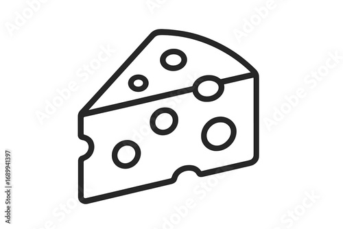 Cheese wedge thin line icon. Vector illustration of a Swiss cheese slice. Dairy food symbol for web, apps. Outline graphic of gourmet food. Emmental cheese with holes.