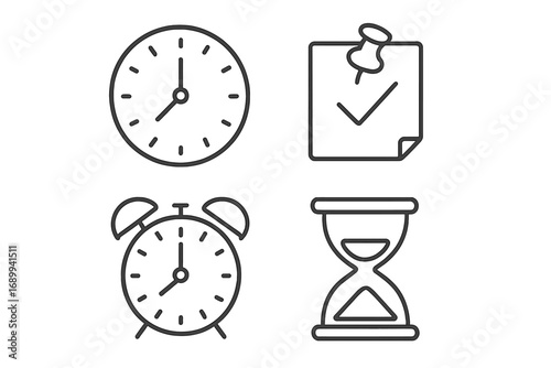 Time management icon set. Clock, alarm, hourglass, reminder line icons. Schedule, deadline, appointment, time passing concept. Vector symbols for web, ui, ux, app design.