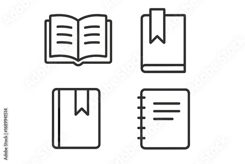 Book and diary line icon set. Outline notebook, bookmark vector signs. Concept of reading, literature, education, knowledge, learning. Simple pictograms for graphic design.