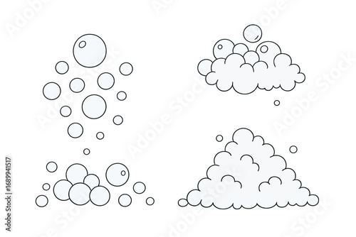 Bubble and foam thin line vector icon set. Simple outline illustrations of soap suds, fizzy pop, and airy water spheres. Cleaning, washing, and bath concept design elements.