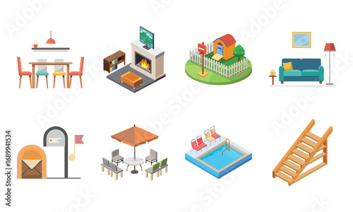 Home Interior and Furniture Icons Set – Living Room, Bedroom, Kitchen, Bathroom, Balcony, Garden, Fireplace, Chandelier, Sofa, Mailbox, Dining Table, Home Decor, Garage, Playground, Outdoor Patio, Win