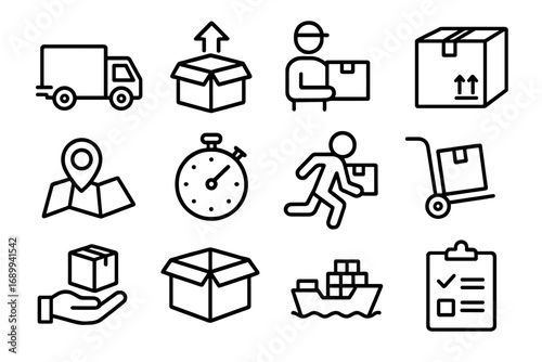 Delivery service line icon set. Shipping logistics collection. E-commerce, transport, courier, package, order fulfillment. Express delivery, cargo, truck, tracking vector icons.