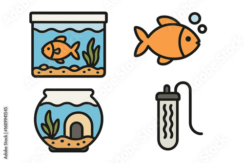 Aquarium and pet fish icon set. Vector cartoon illustration of goldfish in a tank and fishbowl, water heater, and filter. Aquatic animal symbols for web, apps and design.